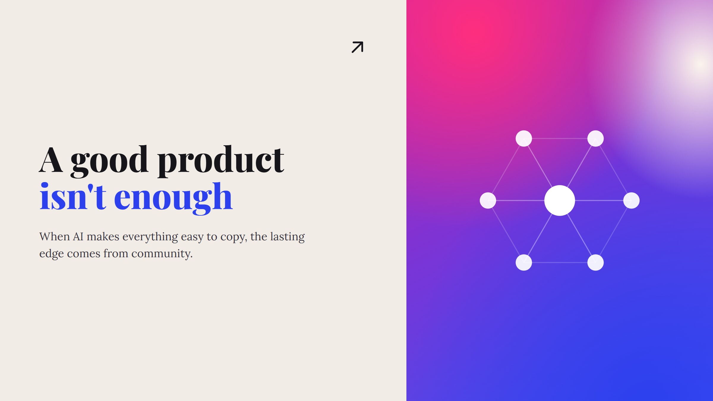 Split-panel graphic 'A good product isn't enough' with a community network — an essay on community-led strategy