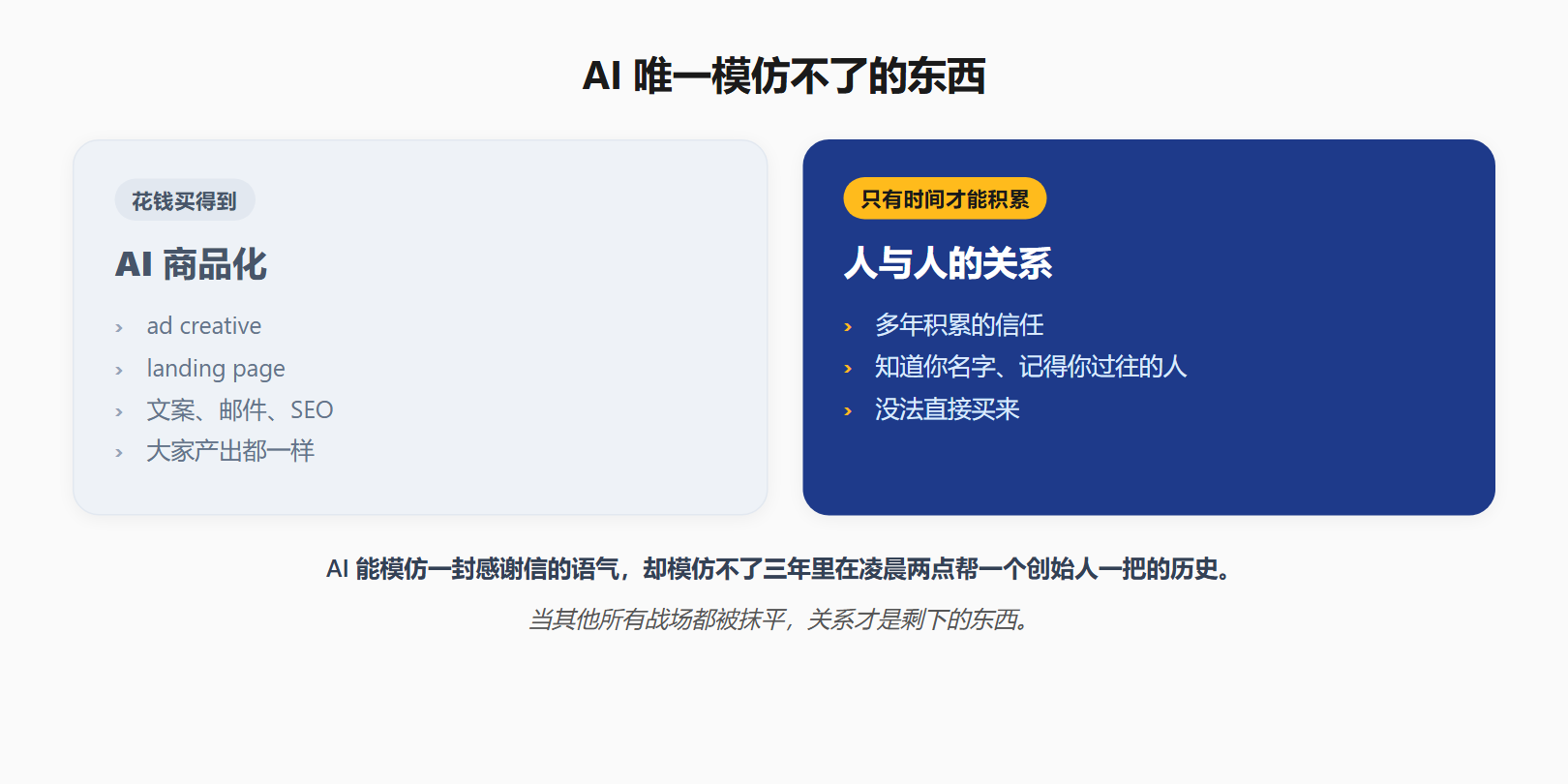 AI 唯一模仿不了的东西：花钱买得到的东西，对比随时间积累的人际关系