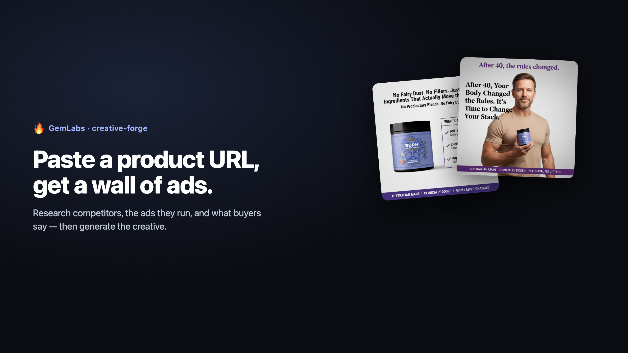 Creative Forge — paste a product URL, get a wall of on-brand ad creative