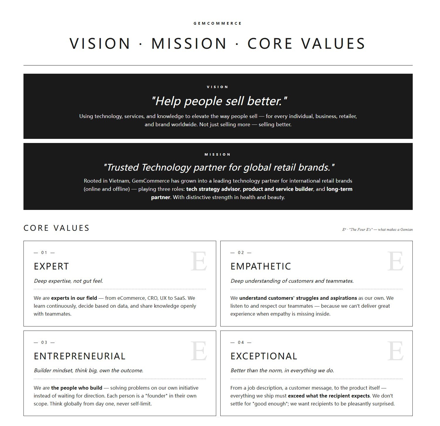 GemCommerce — Vision, Mission & Core Values document