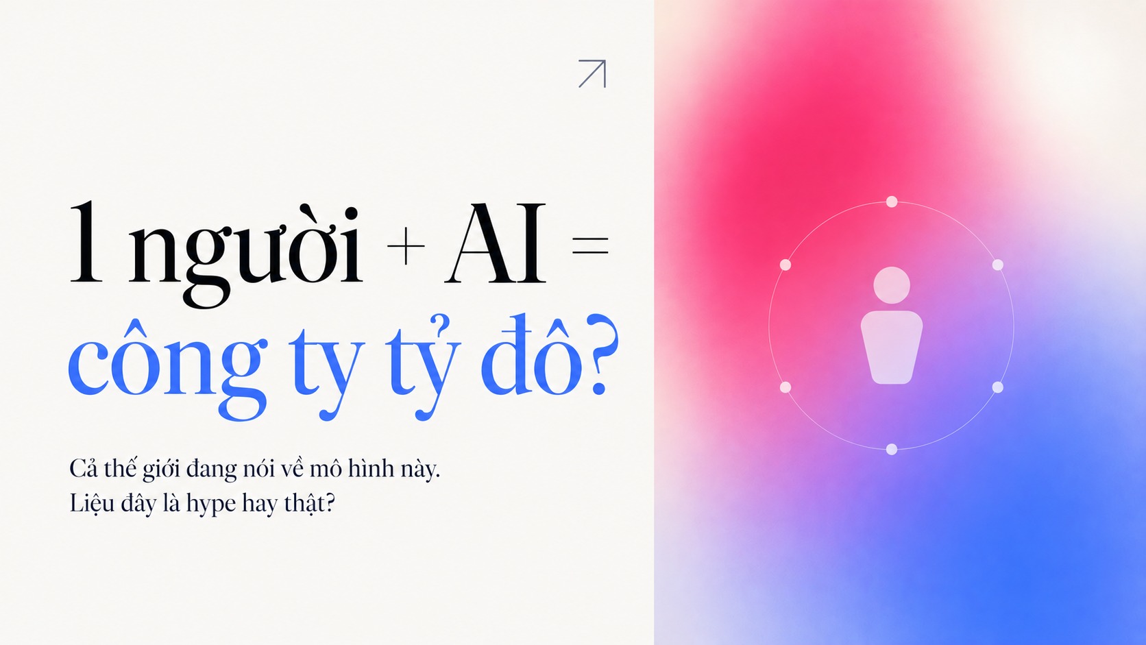 Đồ hoạ typography '1 người + AI = công ty tỷ đô?' — câu hỏi mở bài về làn sóng công ty một người tỷ đô