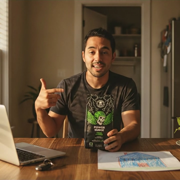 A frame from the Veo-3 clip ugc-reel generated — a late-20s creator at a kitchen table pointing at a Death Wish Power Surge coffee bag, laptop and car keys beside him, a kid's drawing on the table