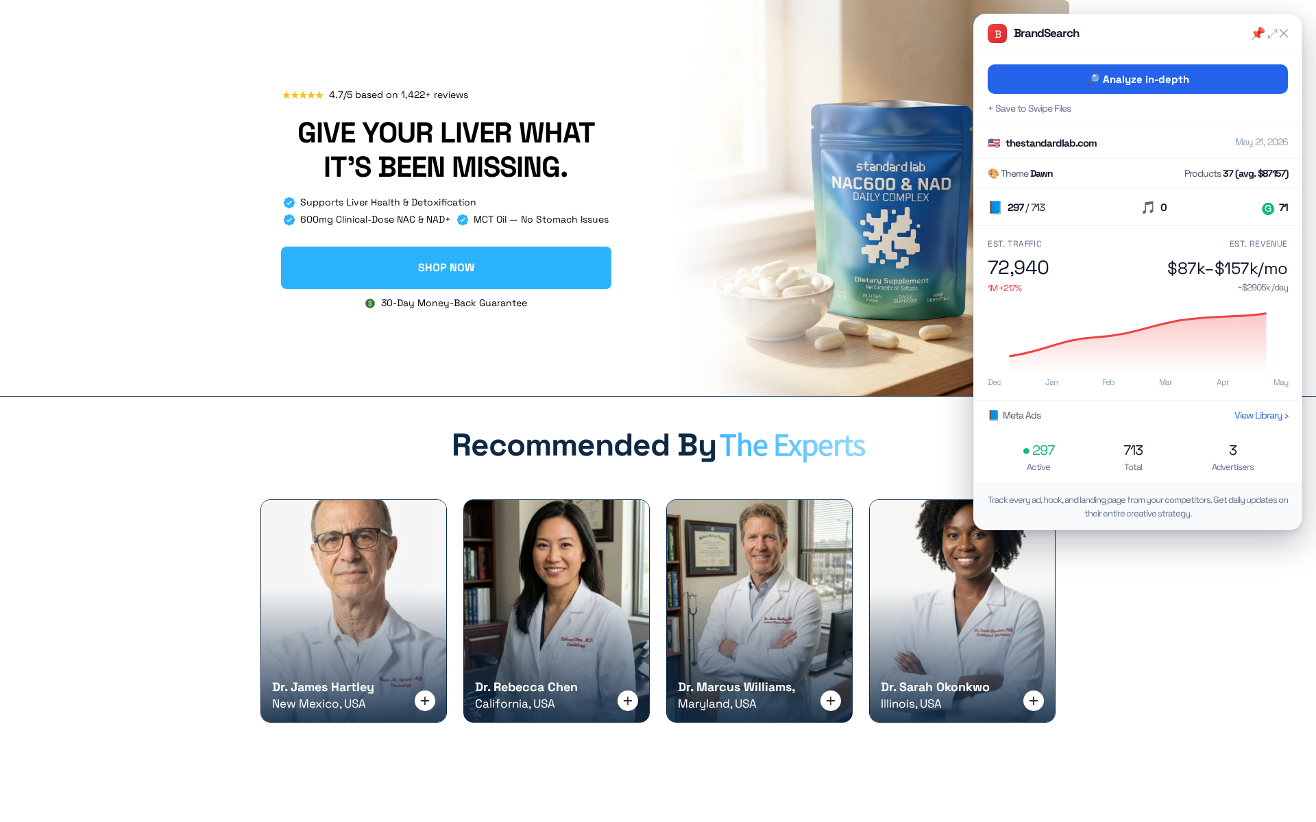 A supplement store homepage with a data panel automatically composited by this workflow