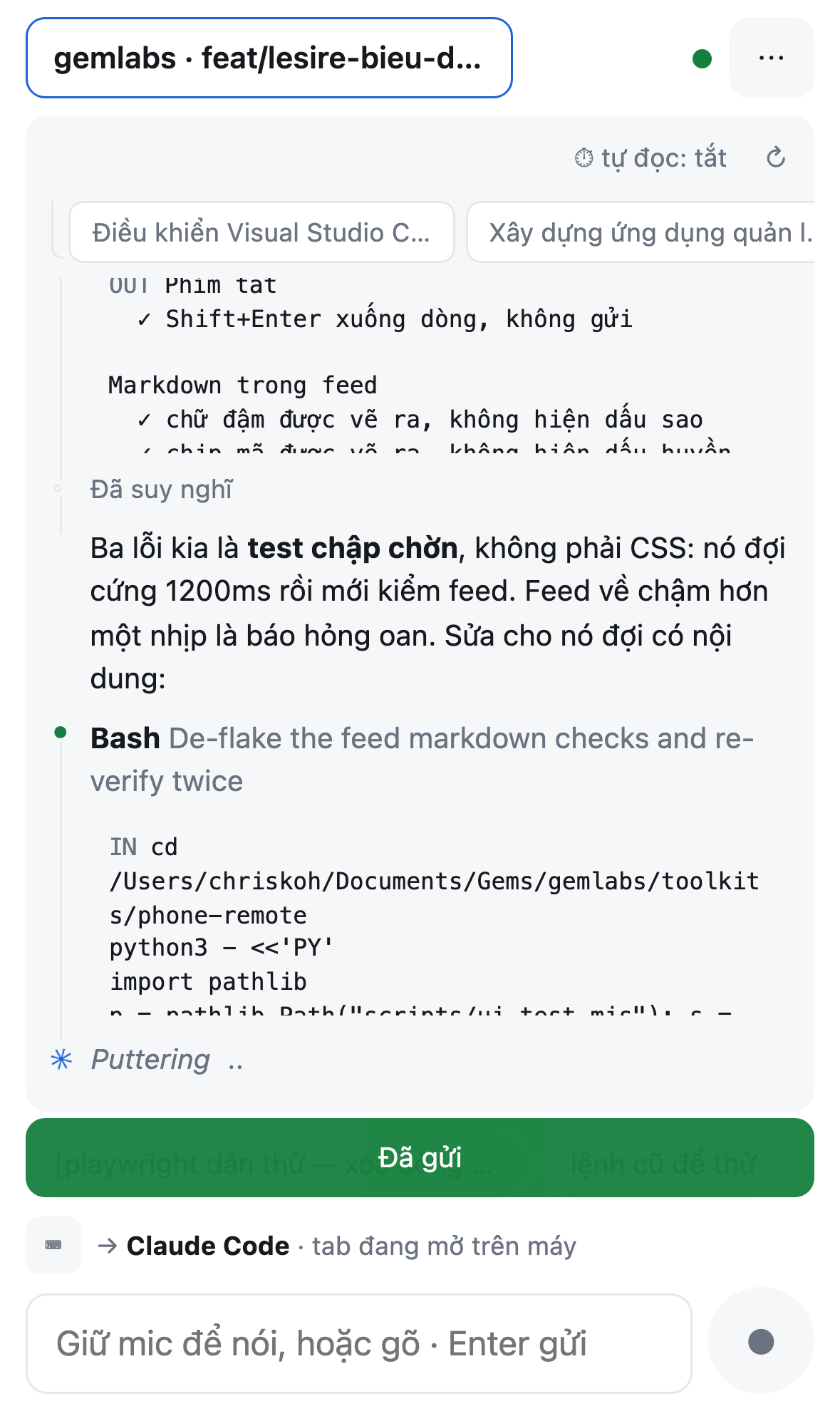 The phone-remote app on an iPhone — a window picker at the top reading gemlabs, then a Claude Code conversation feed with a grey 'thought' line, a bold Bash tool call with its command in a collapsed IN block, a spinning star reading Puttering, and at the bottom an input field with a microphone inside it