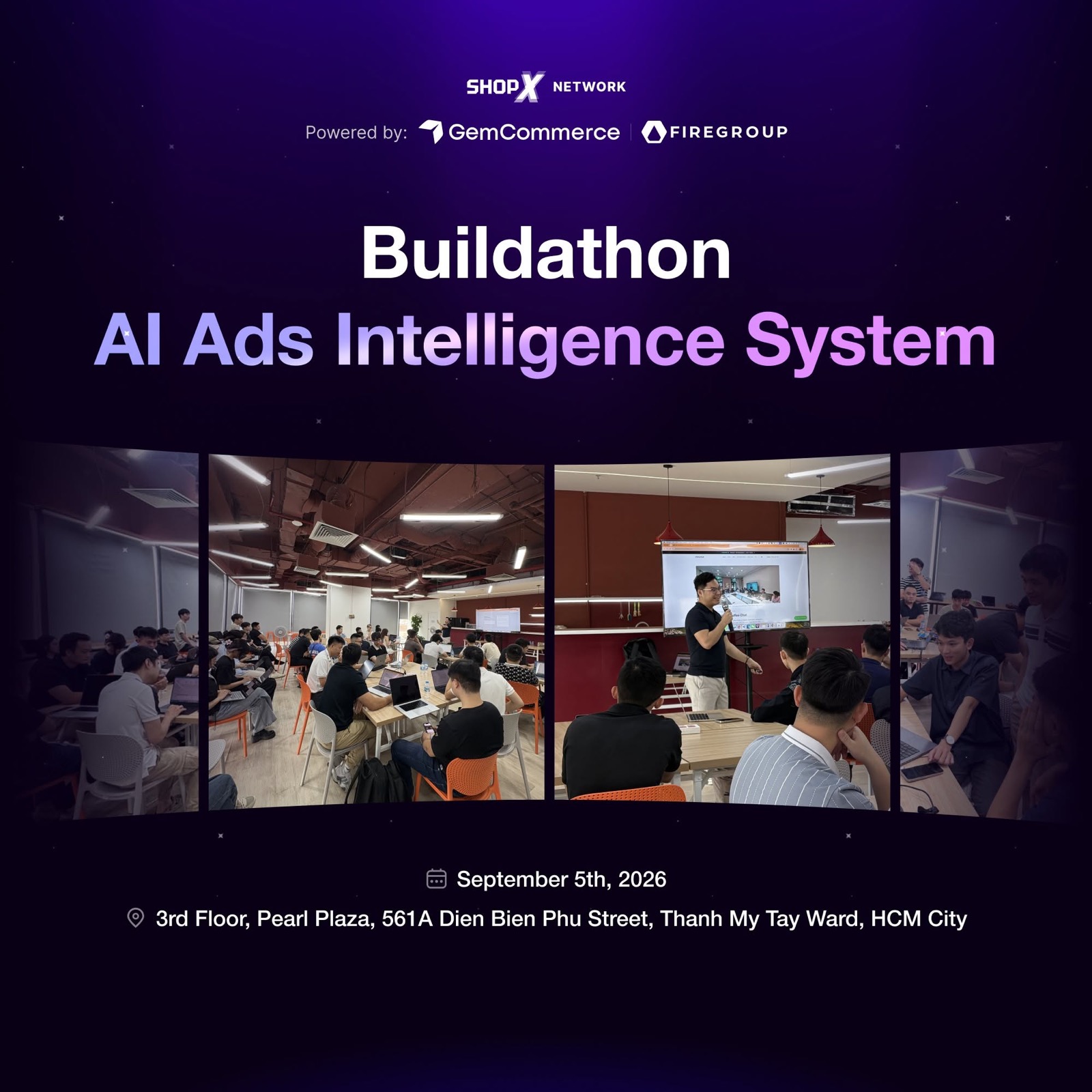 ShopX Buildathon cover — AI Ads Intelligence System, with photos from previous buildathon rooms